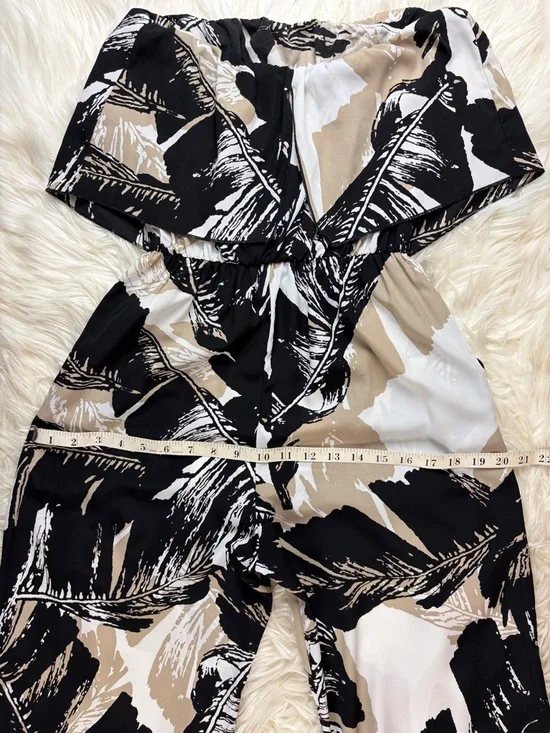 Mahina ~ Strapless Jumpsuit ~ in Black/Tan/White Palm Leaves Print - Picture 11 of 16